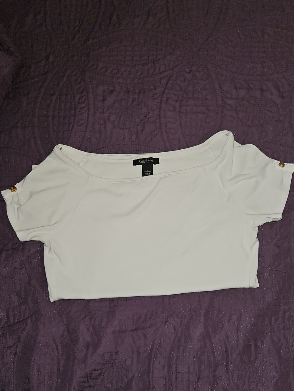 White House Black Market White Wide Neck Top with Button-Tab Sleeves